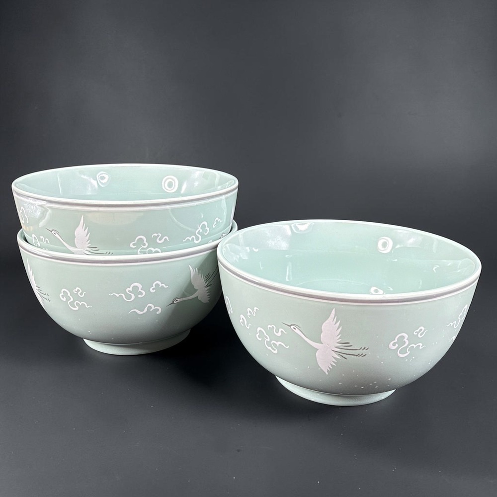 Korean Celadon Green Ceramic Bowl Set 3 Crane and Cloud Motif 4 Inch Small Round